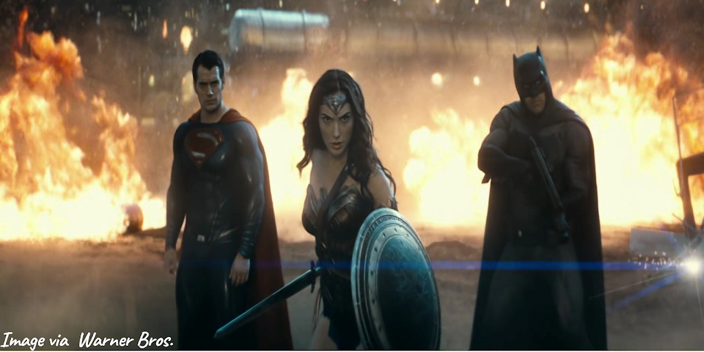BATMAN VS SUPERMAN DAWN OF JUSTICE :- WONDER WOMAN , SUPERMAN , BATMAN  (Credit - Warners Bros.)