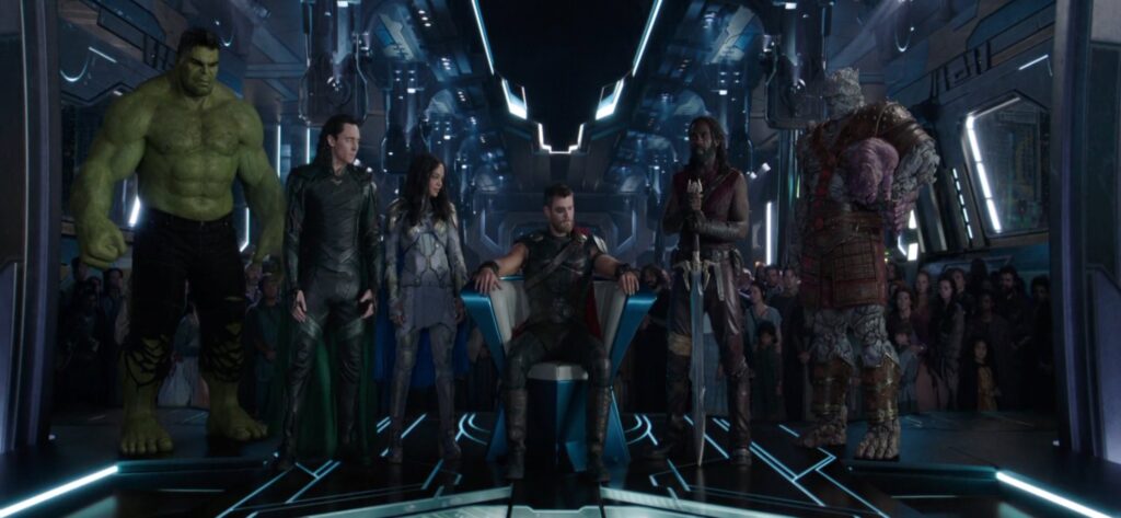 Thor Ragnarok :- Thor , Bruce banner as Hulk , valkyrie, heimdall, Loki, miek (Credit - Marvel Studios)