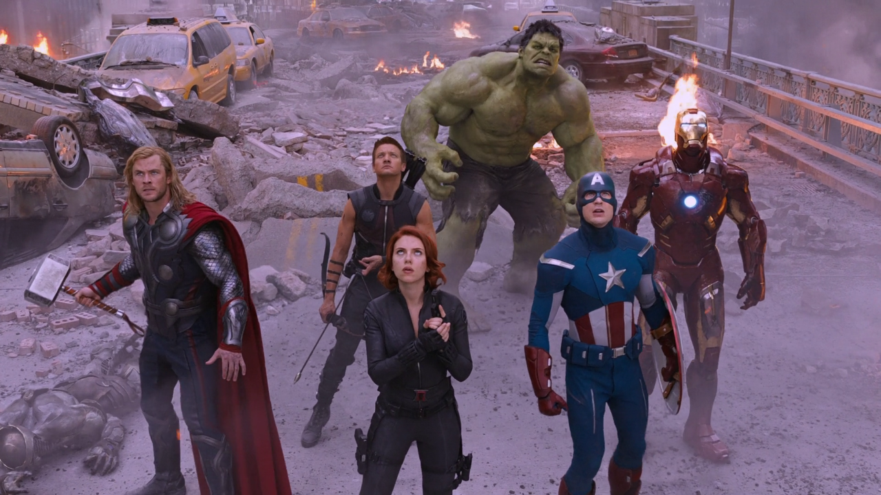 The Avengers :- Robert Downey Jr. as Tony Stark / Iron Man, Chris Evans as Steve Rogers / Captain America, Scarlett Johansson as Natasha Romanoff / Black Widow (Credit Marvel Studios)