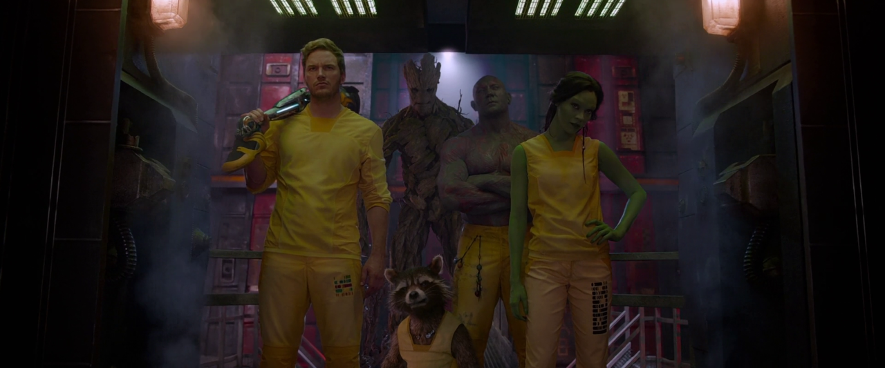 Guardian of the Galaxy :- Chris Pratt as Peter Quill / Star-Lord, Zoe Saldaña as Gamora, Dave Bautista as Drax the Destroyer, Vin Diesel as Groot, Bradley Cooper as Rocket ( Credit - Marvel Studios)