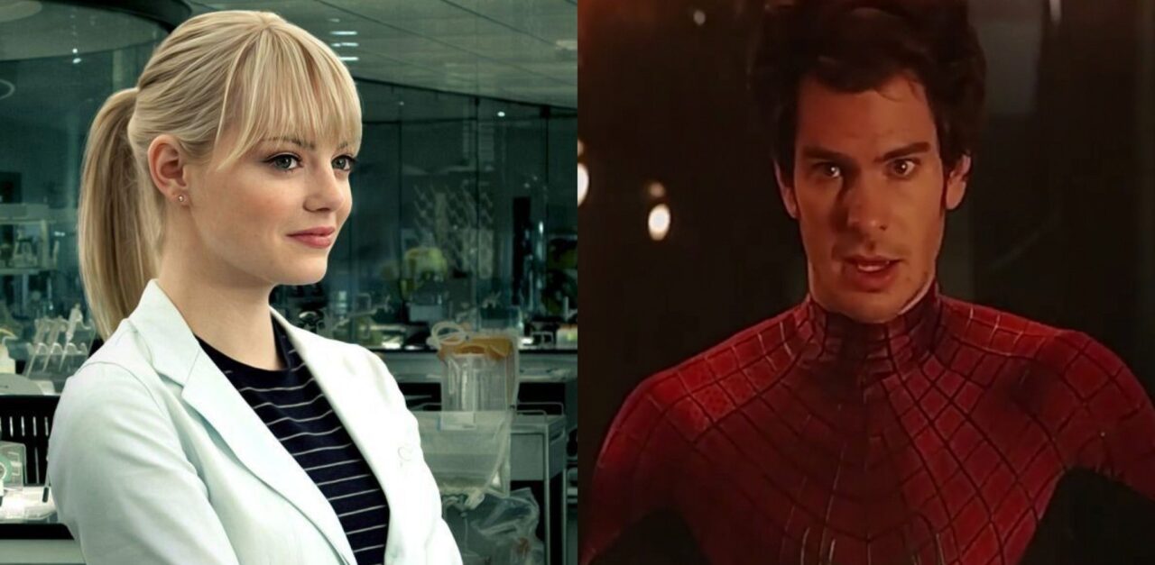 The Amazing Spider-Man 2 :- Andrew Garfield as Peter Parker / Spider-Man , Emma Stone as Gwen Stacy (Credit - Marvel Studios & Sony Pictures)